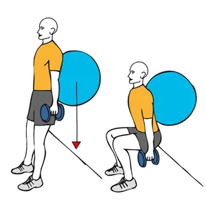 Media sentadilla con mancuernas apoyados en pelota de pilates