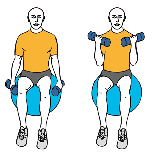 Curl de biceps con giro sentados sobre pelota de pilates