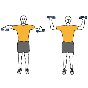 Rotanción de hombros con mancuernas de pie