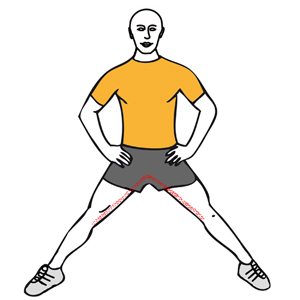 Estiramiento de aductores de pie con piernas abiertas