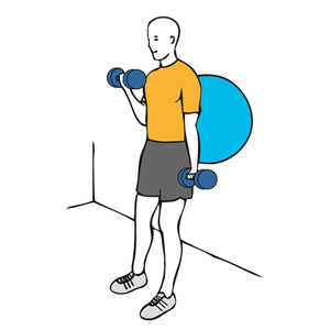 Curl de biceps alterno con mancuernas apoyado en pelota de pilates