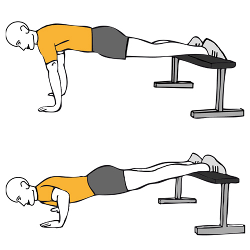 Flexiones de brazos con piernas apoyadas sobre banco