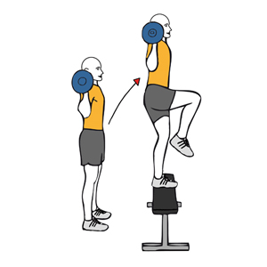 Subida y zancada sobre banco con barra