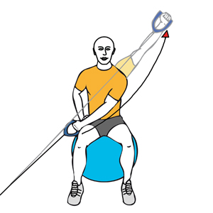 Tirón diagonal agarre prono con cable-polea sentado en pelota de pilates