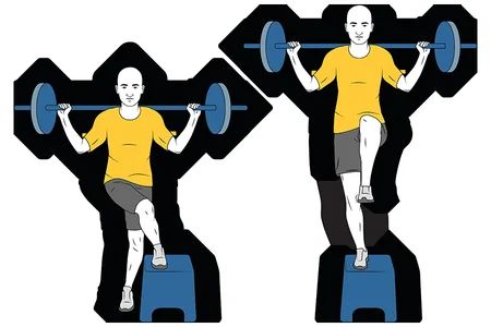 Cruces de piernas con barra sobre steps