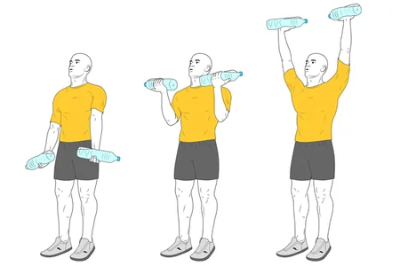 Curl de biceps y press de hombros con botellas