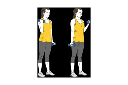 Curl de bÍceps alterno de pie con mancuernas y giro