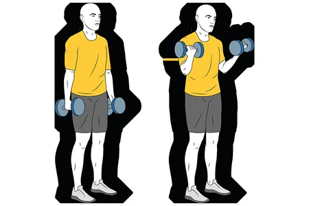 Curl de biceps con mancuernas de pie y giro