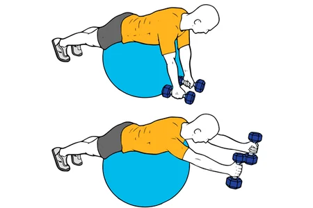 Ejercicio i o elevación frontal de mancuernas sobre pelota suiza