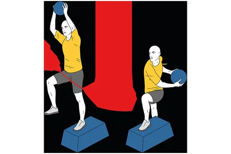 Elevación de cadera y balón medicinal sobre banco