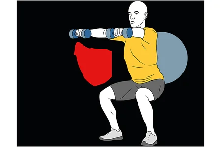 Elevación frontal de mancuernas apoyados en pelota de Pilates