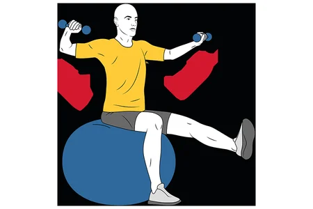 Elevación lateral con mancuernas sentado sobre pelota de Pilates