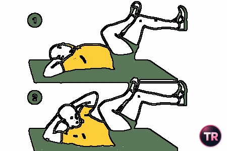 Encogimientos abdominales oblicuos mano en la cabeza