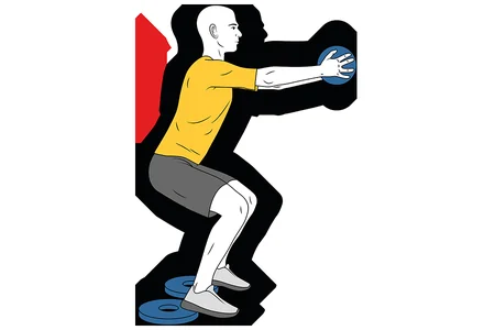 Media sentadilla brazos extendidos con balon medicinal