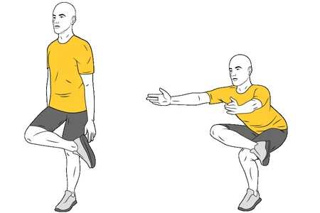 Half squat with legs crossed, arms forward