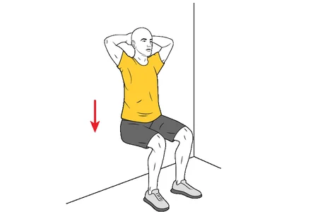 Media sentadilla isométrica, manos en la nuca