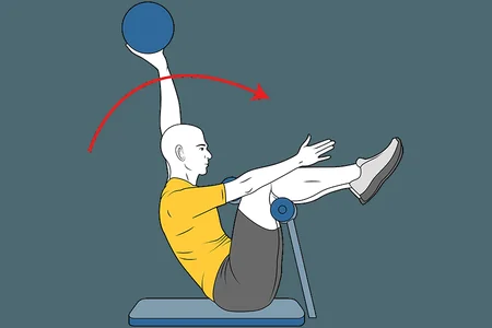 Flexión de tronco sujeto en banco y con balón medicinal en una mano