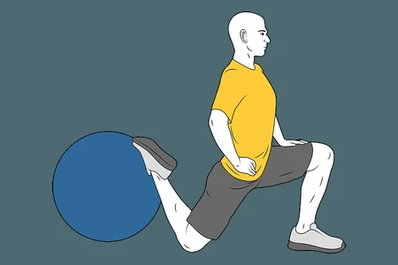 Estiramiento de cuadriceps con pelota de pilates rodilla en el suelo