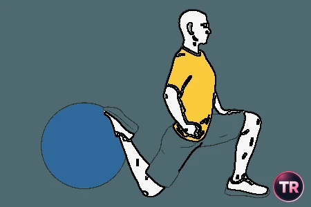 Estiramiento de cuádriceps con pelota de Pilates rodilla en el suelo