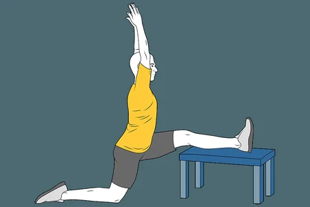 Estiramiento de extensores de la cadera una pierna sobre banco