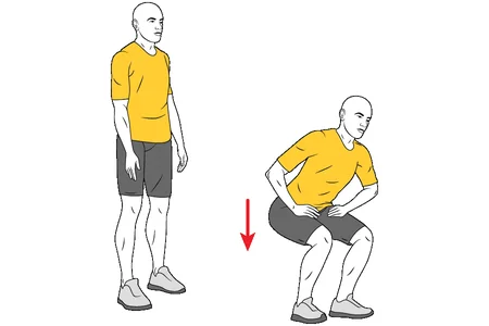 Posición de media flexion de piernas con manos en la cintura.