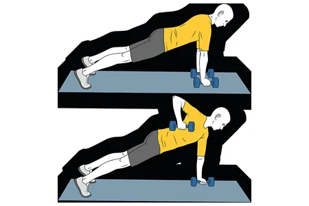 Remo con mancuernas en posición de flexiones de brazos