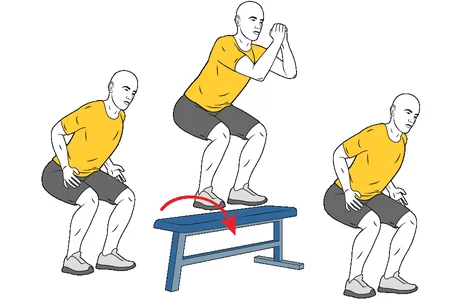 Salto pies juntos sobre banco
