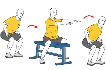 Saltos media sentadilla, banco entre las piernas