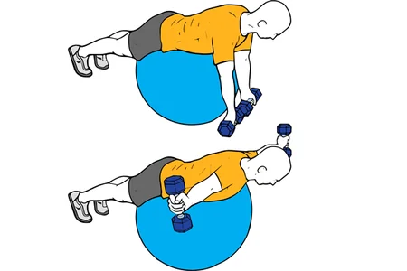 Ejercicio T o Elevación frontal de mancuernas sobre pelota suiza