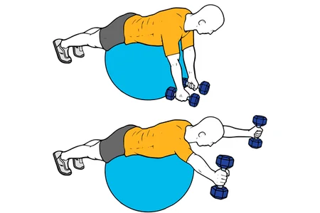 Ejercicio Y o Elevación frontal de mancuernas sobre pelota suiza