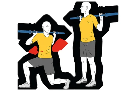 Zancada adelante con barra y giro de cintura