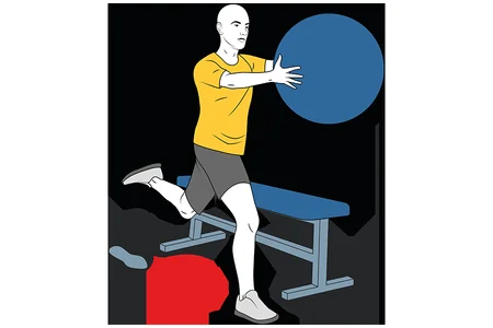 Zancada adelante con pelota de pilates y pierna sobre banco