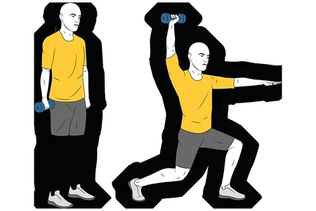 Zancada adelante y extension de brazo en vertical