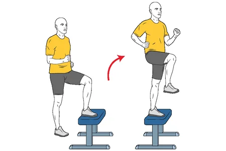 Zancada alta con apoyo sobre banco plano