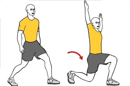 Zancada y elevación de brazos sobre la cabeza