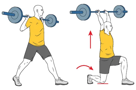 Zancada y extensión de hombros con barra