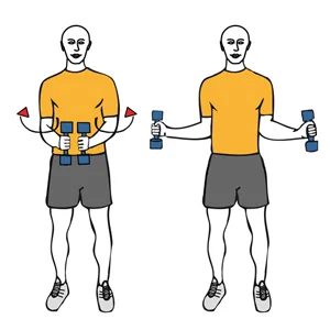 Rotación de hombros con mancuernas de pie
