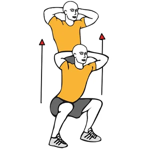 Media sentadilla con las manos en la nuca