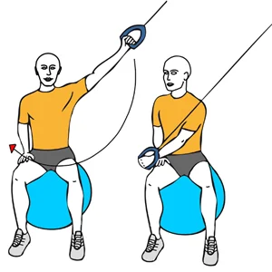 Tirón pectoral con cable-polea sentado en pelota de pilates