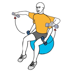 Elevación lateral con mancuernas flexión de codo sentado en pelota de Pilates