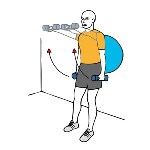 Elevación frontal con giro de hombros con mancuernas apoyados en pelota de pilates