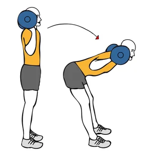 Buenos dias o flexión de tronco adelante con barra en la nuca