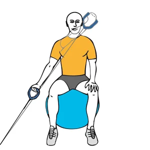 Pull from low to high one-arm with a cable machine seated on a stability ball