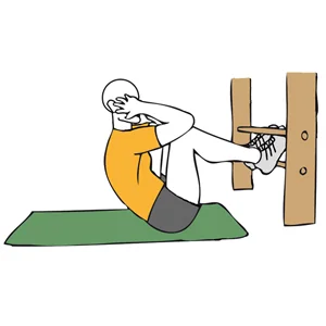 Encogimientos abdominales con rodillas flexionadas y pies sujetos