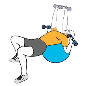 Brustpresse mit Kurzhanteln auf einem Gymnastikball