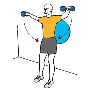 Elevacion lateral de hombros con mancuernas apoyado en pelota de pilates