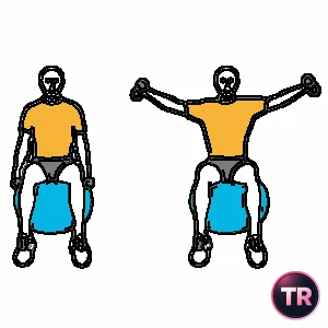 Elevación lateral de hombros con mancuernas sentado en pelota de Pilates