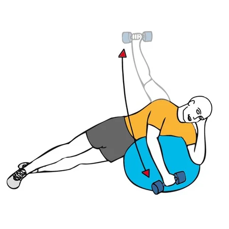 Elevación lateral de hombro con mancuerna apoyado sobre pelota de Pilates