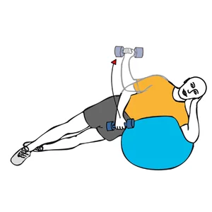 Rotación de hombro con mancuerna tumbado lateral sobre pelota de pilates