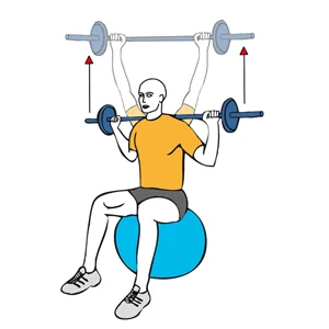 Press trasnuca con barra sentado en pelota de pilates